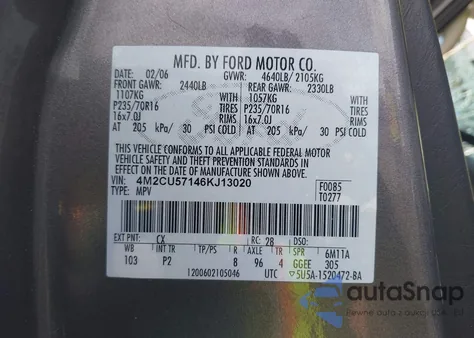 2006 Mercury Mariner Luxury/Premier z USA, uszkodzony, nr VIN 4M2CU57146KJ13020